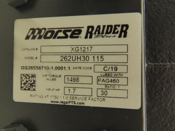 Morse Raider XG1217 262UH30 115 Worm Gearbox 30:1 Reducer 58rpm Hollow Shaft 56C