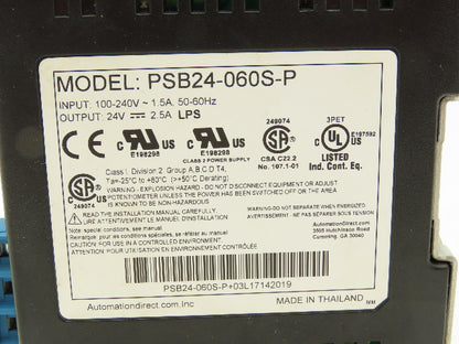 Rhino PSB24-060S-P Power Supply 1PH 100-240V 1.5A Input 24V 2.5A Output