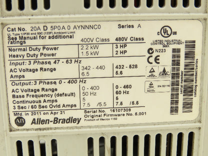 Allen Bradley 20AD5P0A0AYNNNC0 PowerFlex 70 Variable AC Drive VFD 3HP 480V 3PH