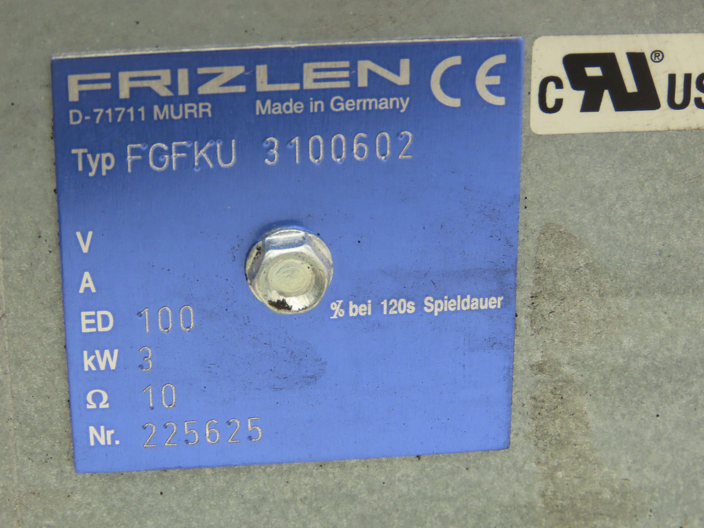 Frizlen FGFKU 3100602 Power Brake Resistor Covered Cooling Fan 3kW 10 Ohms
