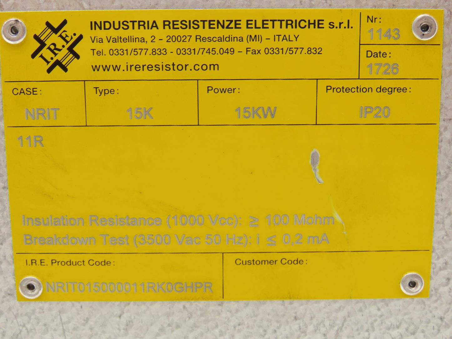 IRE NRIT015000011RK0GHPR NRIT Power Brake Resistor Covered 15kW 11 Ohms