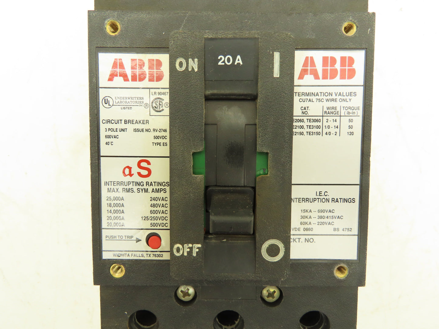 ABB Type ES Circuit Breaker 20A 3PH 600VAC Metal Long Reach Handle
