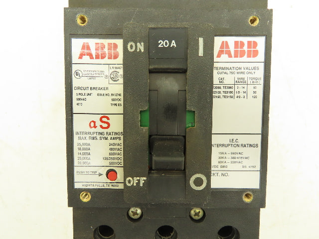 ABB Type ES Circuit Breaker 20A 3PH 600VAC Metal Long Reach Handle