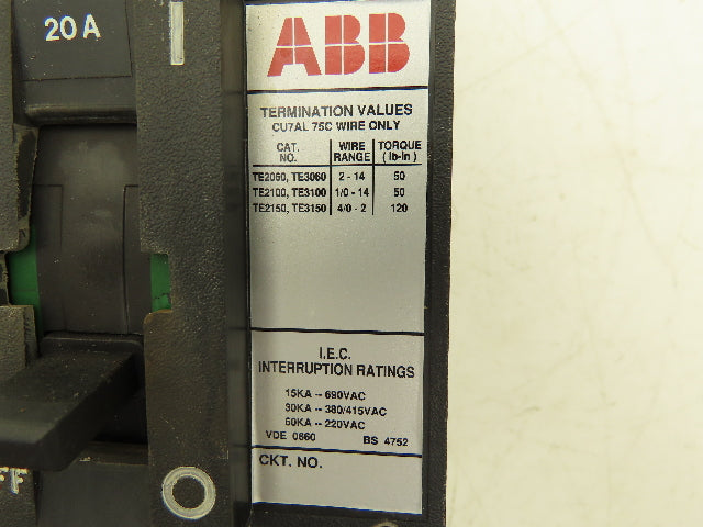 ABB Type ES Circuit Breaker 20A 3PH 600VAC Metal Long Reach Handle