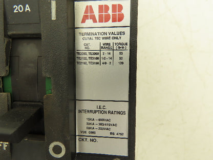 ABB Type ES Circuit Breaker 20A 3PH 600VAC Metal Long Reach Handle