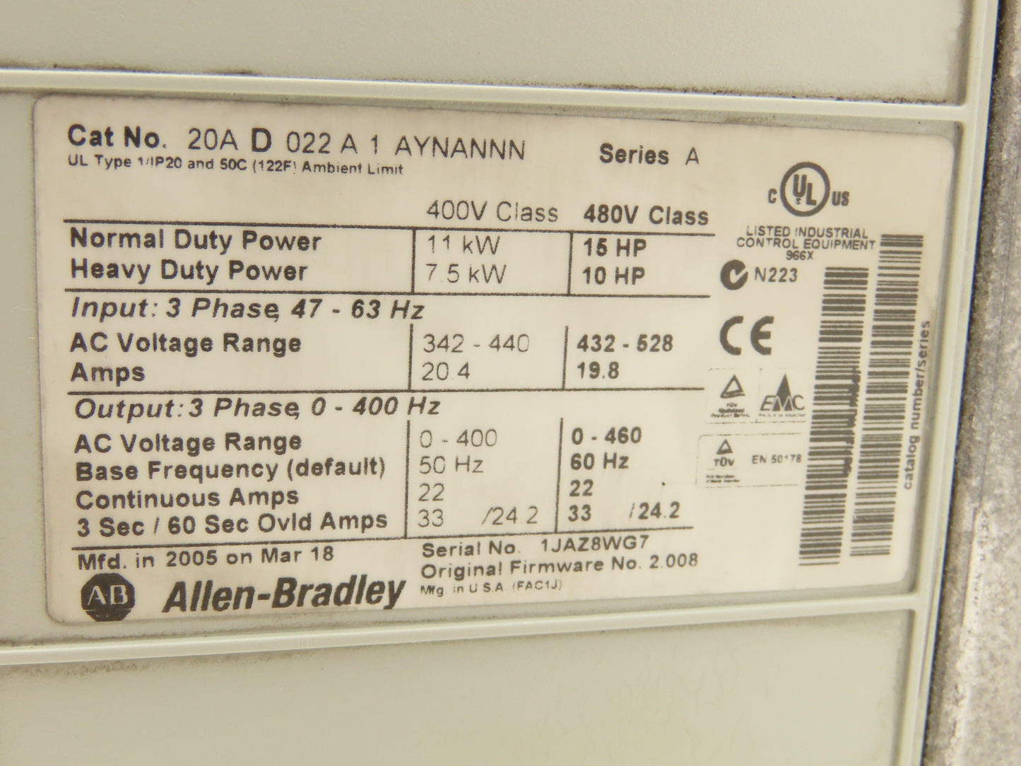 Allen Bradley 20AD022A1AYNANNN PowerFlex 70 VFD 15HP 480V 400Hz 3PH 22A