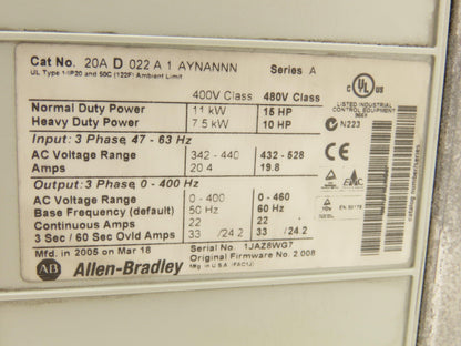 Allen Bradley 20AD022A1AYNANNN PowerFlex 70 VFD 15HP 480V 400Hz 3PH 22A