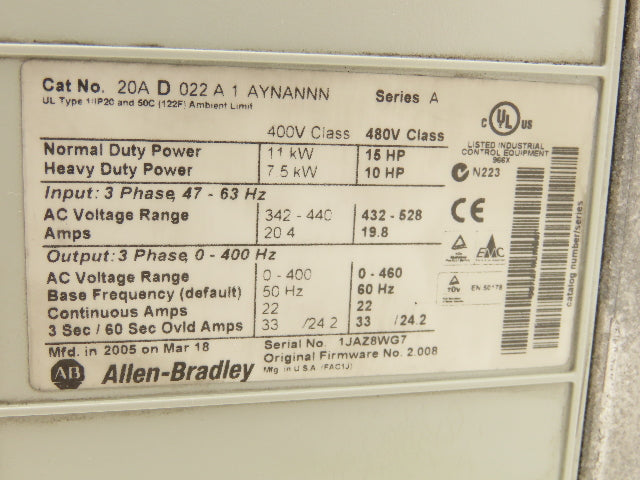 Allen Bradley 20AD022A1AYNANNN PowerFlex 70 VFD 15HP 480V 400Hz 3PH 22A