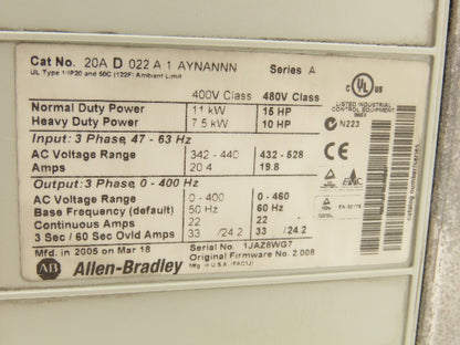 Allen Bradley 20AD022A1AYNANNN PowerFlex 70 VFD 15HP 480V 400Hz 3PH 22A