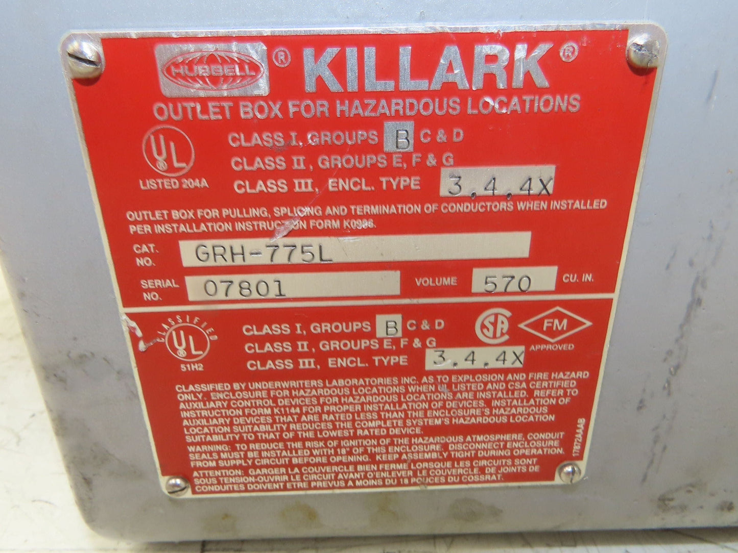Killark GRH-775L Explosion Proof Enclosure With Lens Cover 4" Max Conduit Size
