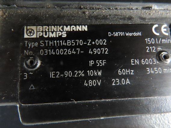 Brinkmann STH1114B570-Z Immersion Coolant Pump 40GPM 13Hp 480V 3PH 22" Depth