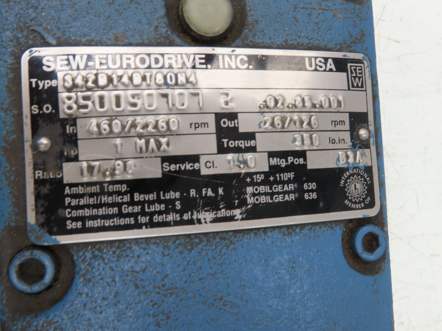 Sew Eurodrive S42D14DT80N4 Varimot Variable Gearmotor 26-126rpm 18:1 460V 3PH