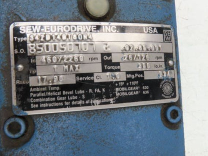 Sew Eurodrive S42D14DT80N4 Varimot Variable Gearmotor 26-126rpm 18:1 460V 3PH