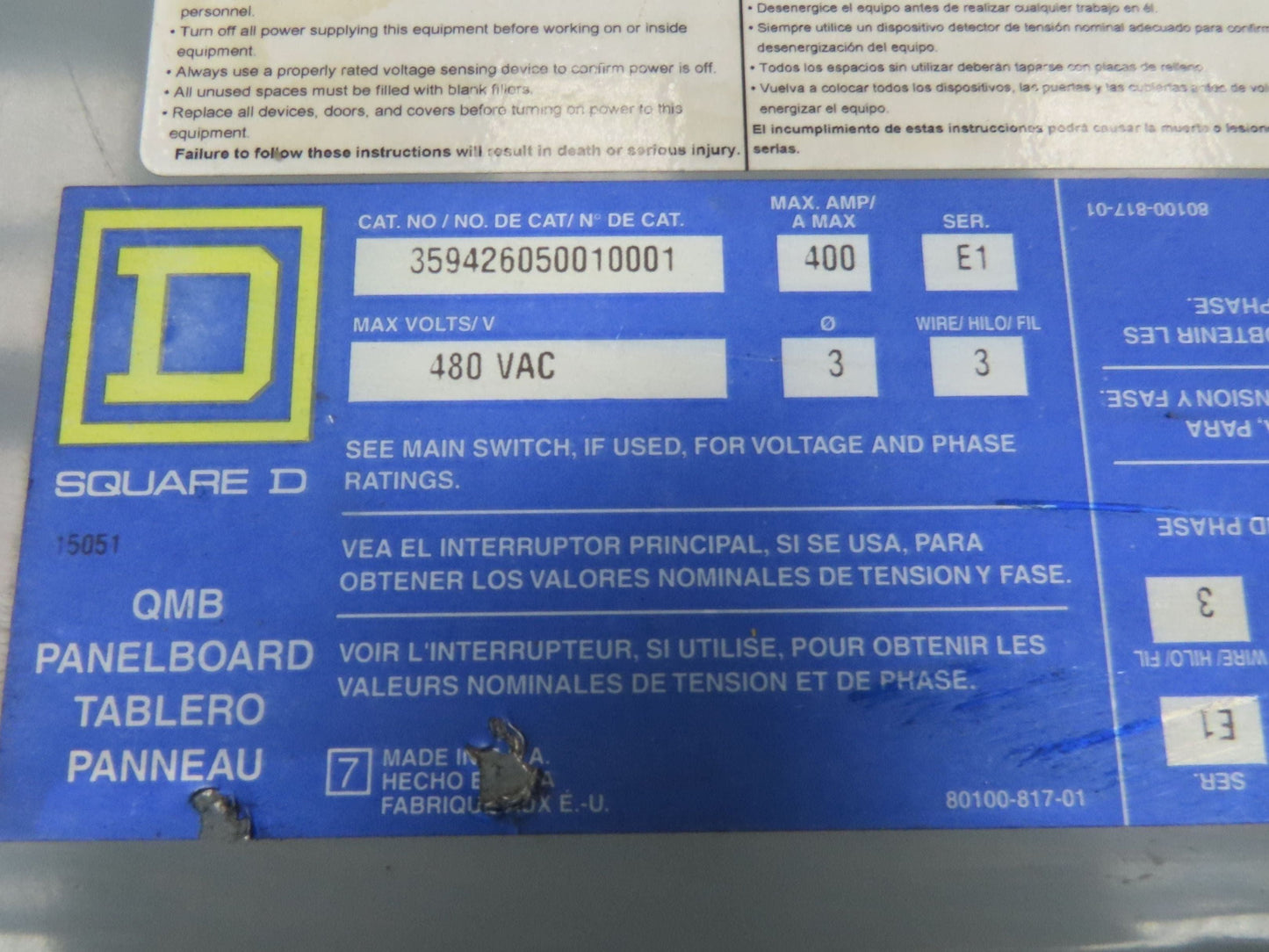 Square D 359426050010001 QMB Panelboard 400A 480V Load Center Fused Switch Type