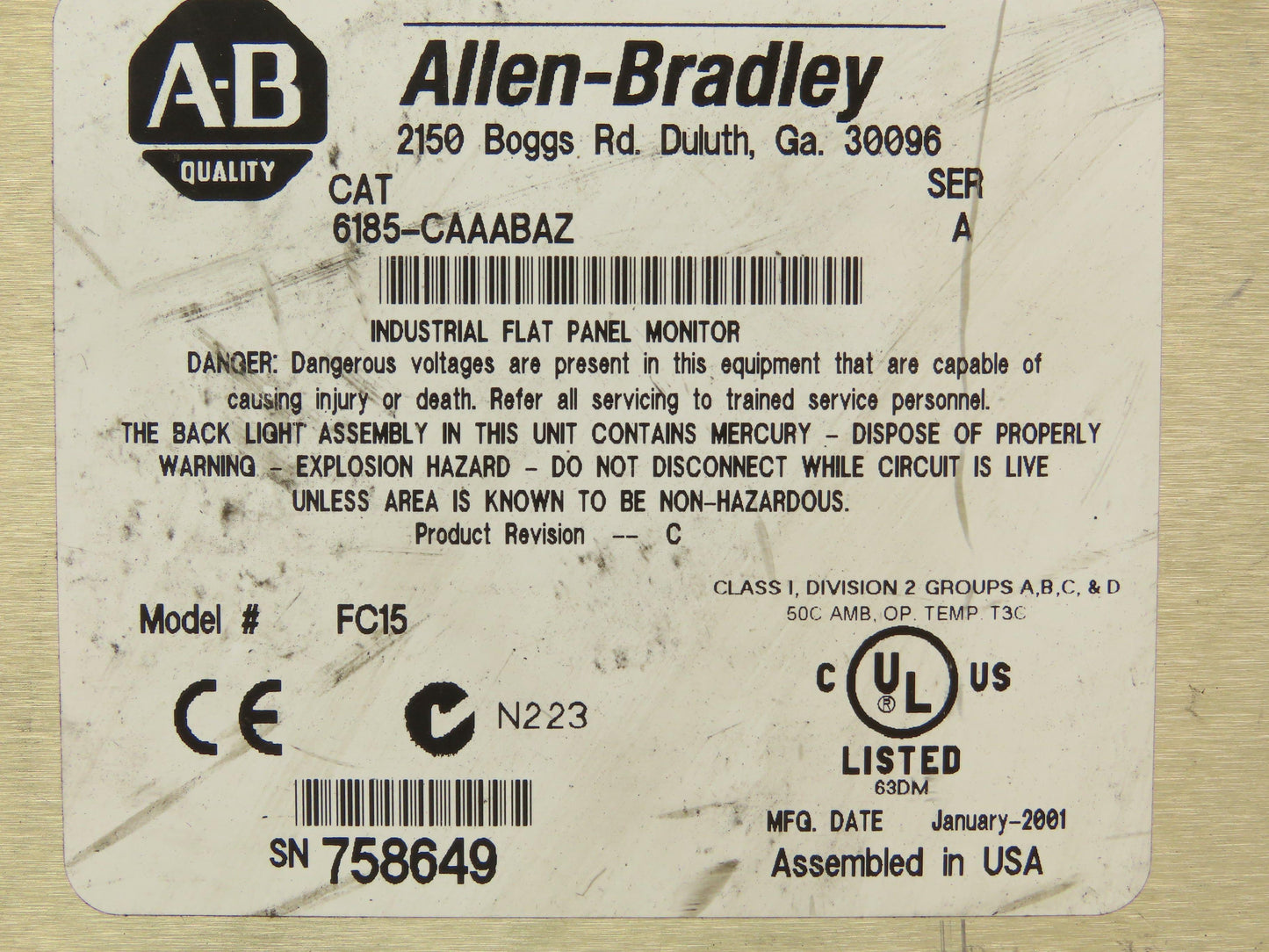 Allen Bradley 6185-CAAABAZ FC15 Industrial Flat Panel 15 inch Monitor Ser. A