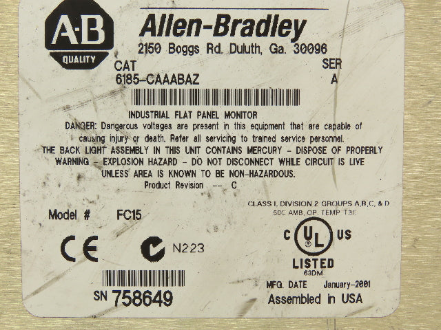 Allen Bradley 6185-CAAABAZ FC15 Industrial Flat Panel 15 inch Monitor Ser. A