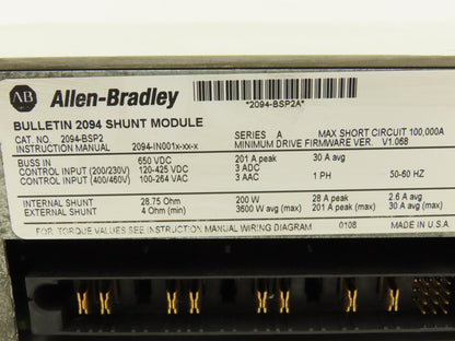 Allen Bradley 2094-BSP2 Shunt Module 0-460V 3PH 0-400Hz F/W 1.068