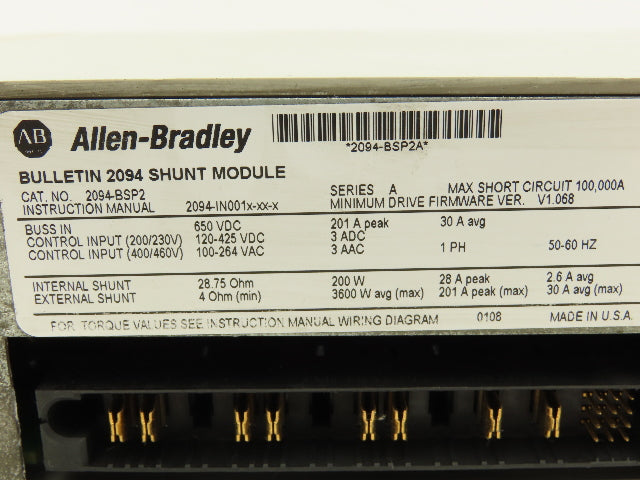 Allen Bradley 2094-BSP2 Shunt Module 0-460V 3PH 0-400Hz F/W 1.068