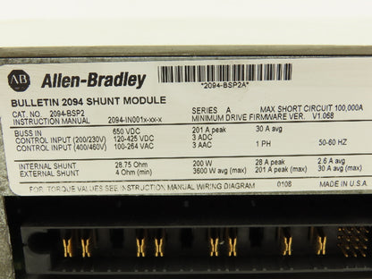 Allen Bradley 2094-BSP2 Shunt Module 0-460V 3PH 0-400Hz F/W 1.068