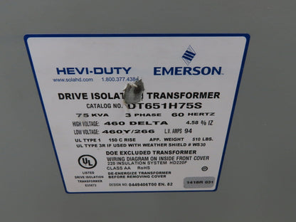 Hevi-Duty DT651H75S Drive Isolation Transformer 75kva SCR HV 460D LV 460Y/266