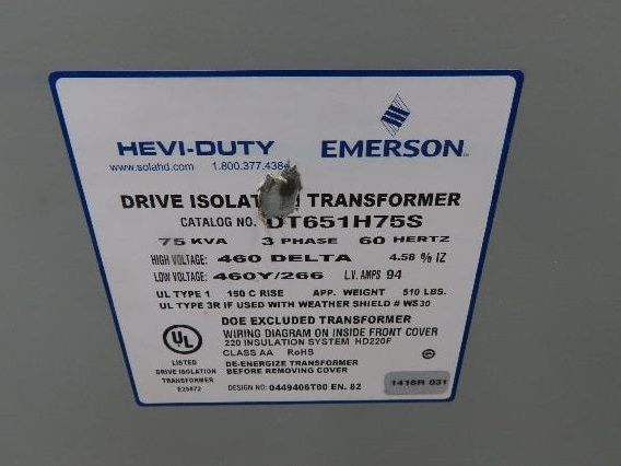 Hevi-Duty DT651H75S Drive Isolation Transformer 75kva SCR HV 460D LV 460Y/266