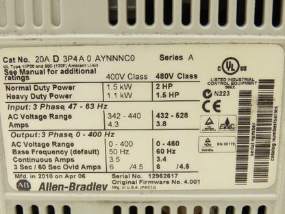 Allen Bradley 20AD3P4A0AYNNNC0 PowerFlex 70 Variable AC Drive VFD 2Hp 480V 3Ph