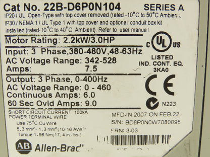 Allen Bradley 22B-D6P0N104 PowerFlex 40 Variable AC Drive VFD 3HP 480V 3PH