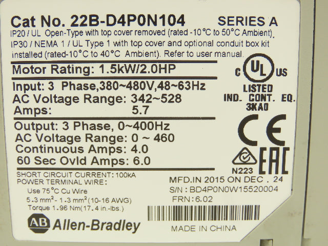 Allen Bradley 22B-D4P0N104 PowerFlex 40 VFD AC Drive 1.5kw 2Hp 480V 3Ph