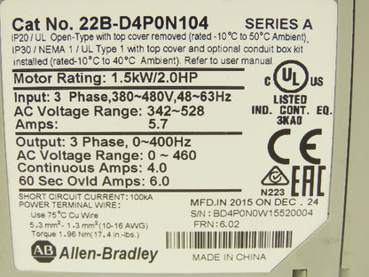 Allen Bradley 22B-D4P0N104 PowerFlex 40 VFD AC Drive 1.5kw 2Hp 480V 3Ph