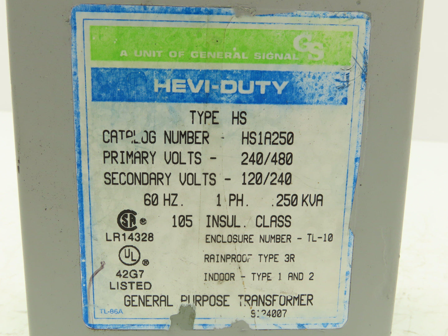 GS Hevi-Duty HS1A250 Transformer 250VA 240/480 Pri 120/240 Sec 1Ph Rainproof