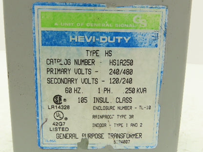 GS Hevi-Duty HS1A250 Transformer 250VA 240/480 Pri 120/240 Sec 1Ph Rainproof