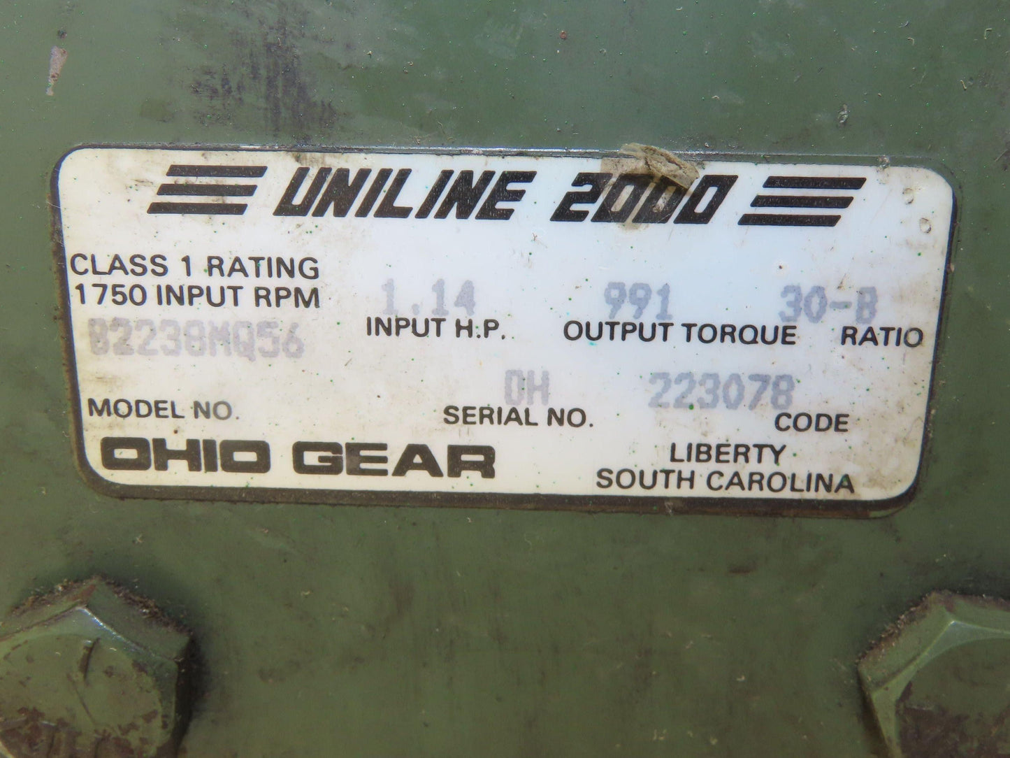 Baldor Ohio Gear Uniline 2000 Gearmotor 30:1 Reducer 58 RPM .5Hp 230/460V 56C LH
