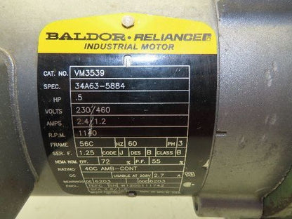 Baldor Ohio Gear Uniline 2000 Gearmotor 30:1 Reducer 58 RPM .5Hp 230/460V 56C LH