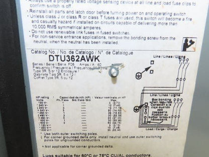 Square D DTU362AWK Double Throw Disconnect Switch Transfer 60A 600V 3 Ph