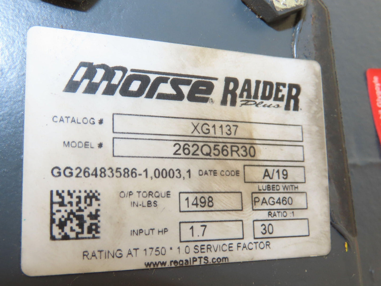 Leeson Gearmotor 30:1 Reducer 58 RPM 1Hp 230/460V 56C RH Morse Raider 262Q56R30