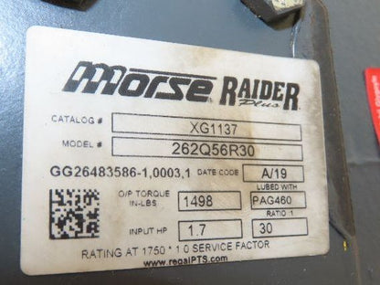 Leeson Gearmotor 30:1 Reducer 58 RPM 1Hp 230/460V 56C RH Morse Raider 262Q56R30
