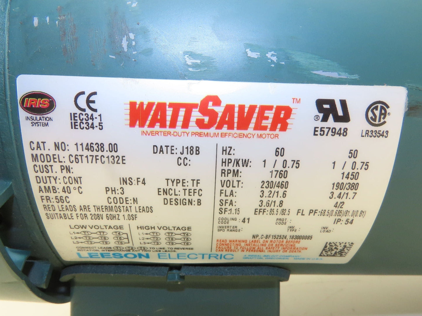 Leeson Gearmotor 30:1 Reducer 58 RPM 1Hp 230/460V 56C RH Morse Raider 262Q56R30