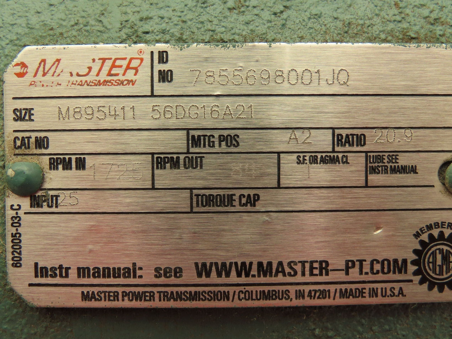 Baldor Inline Gearmotor 20:1 Reducer 55 RPM 1/4Hp 230/460V 56YZ