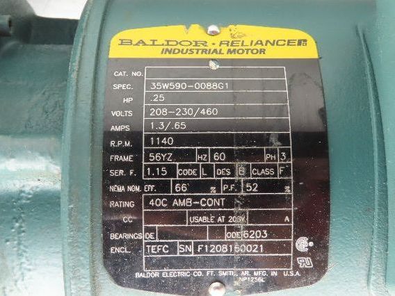 Baldor Inline Gearmotor 20:1 Reducer 55 RPM 1/4Hp 230/460V 56YZ