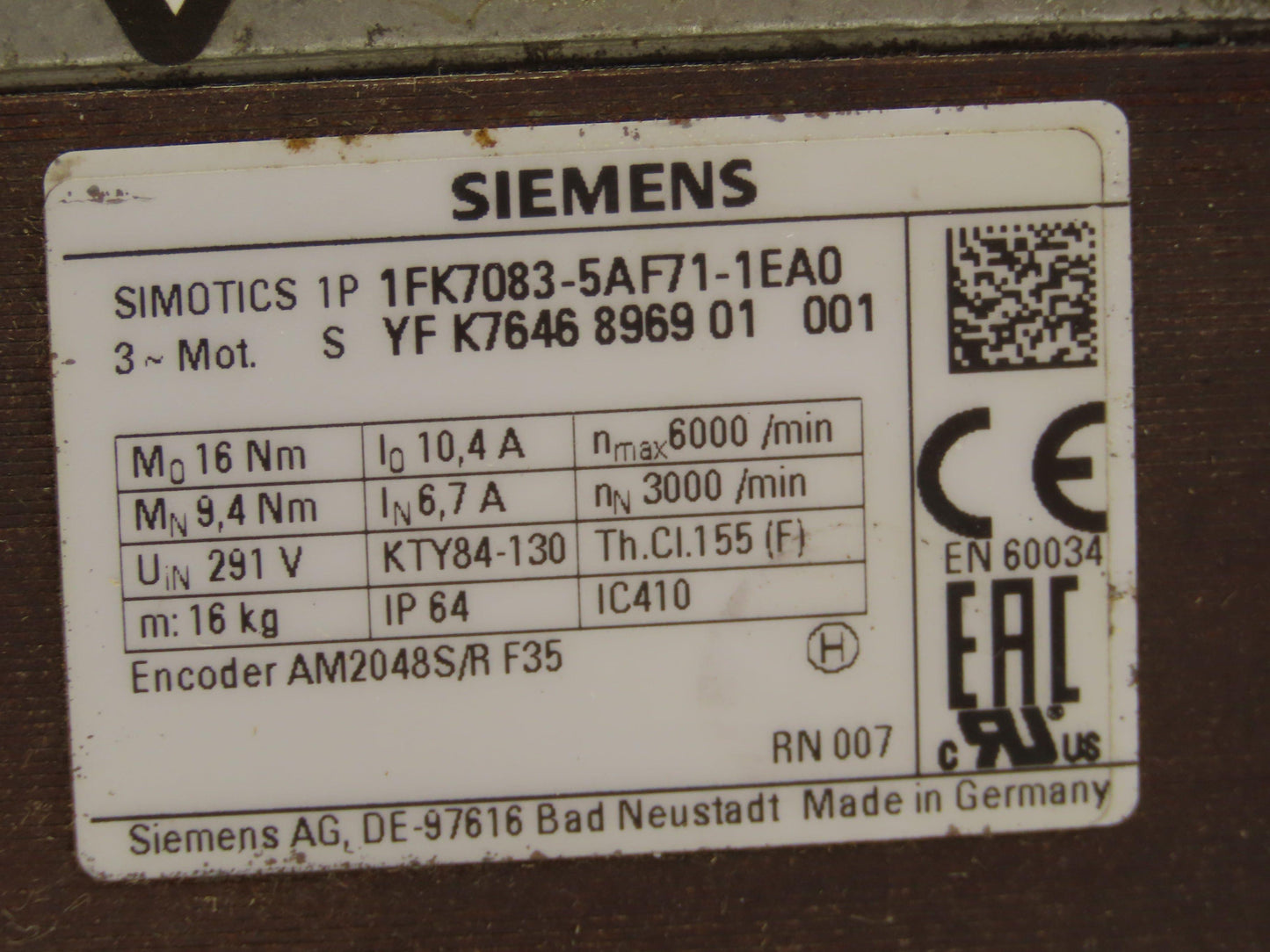 Siemens 1FK7083-5AF71-1EA0 Simotics Servo Motor 3000 RPM 291V