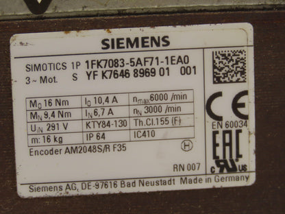 Siemens 1FK7083-5AF71-1EA0 Simotics Servo Motor 3000 RPM 291V