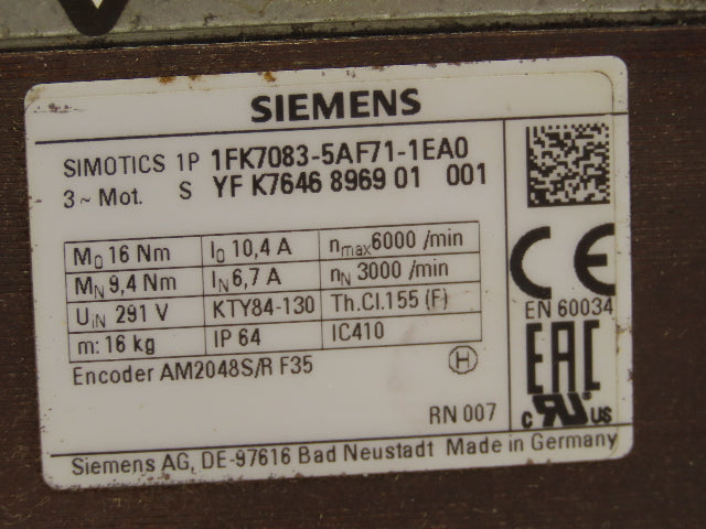 Siemens 1FK7083-5AF71-1EA0 Simotics Servo Motor 3000 RPM 291V