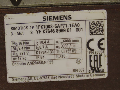 Siemens 1FK7083-5AF71-1EA0 Simotics Servo Motor 3000 RPM 291V
