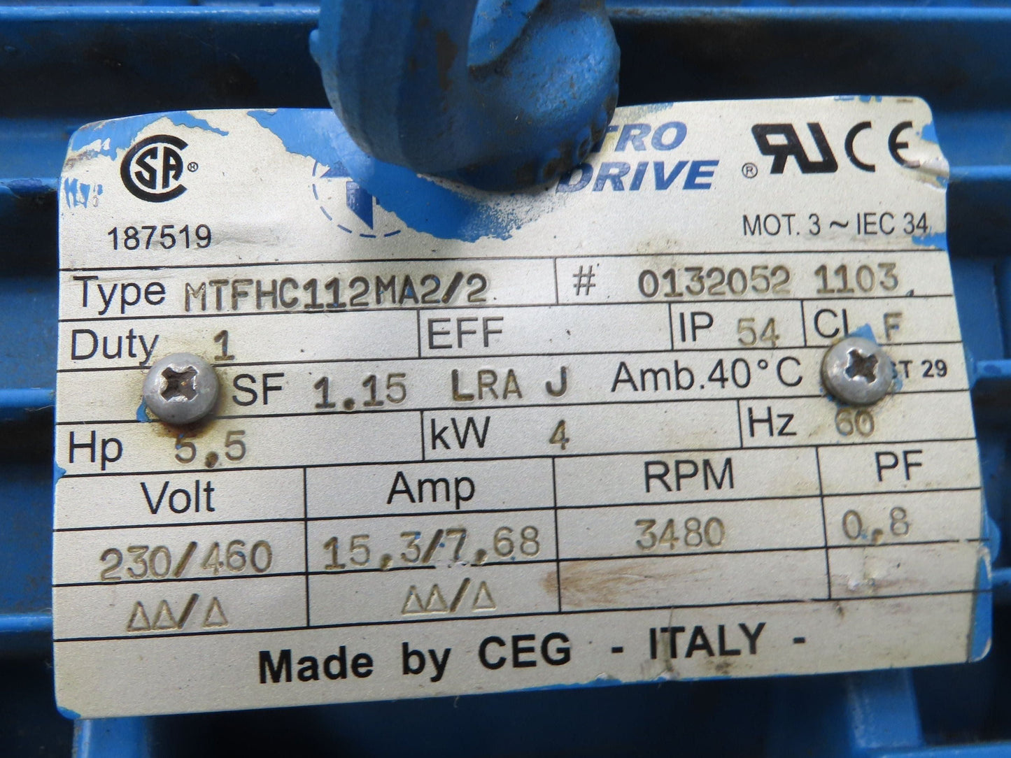 CEG MTFHC112MA2/2 Elektro Drive Intorq Brake Motor 5.5Hp 3480 RPM 230/460V 3PH