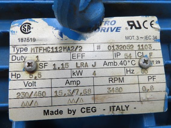 CEG MTFHC112MA2/2 Elektro Drive Intorq Brake Motor 5.5Hp 3480 RPM 230/460V 3PH