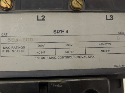 Allen Bradley 505-EOD NEMA Size 4 Reversing Motor Starter 3Ph 100HP 120V Coil