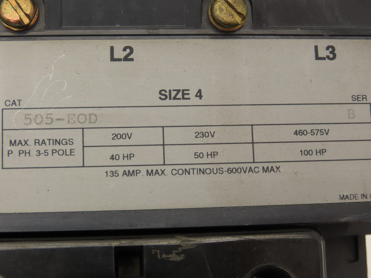 Allen Bradley 505-EOD NEMA Size 4 Reversing Motor Starter 3Ph 100HP 120V Coil