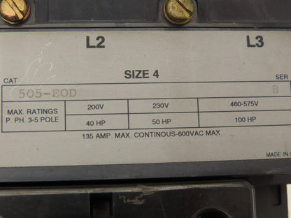 Allen Bradley 505-EOD NEMA Size 4 Reversing Motor Starter 3Ph 100HP 120V Coil