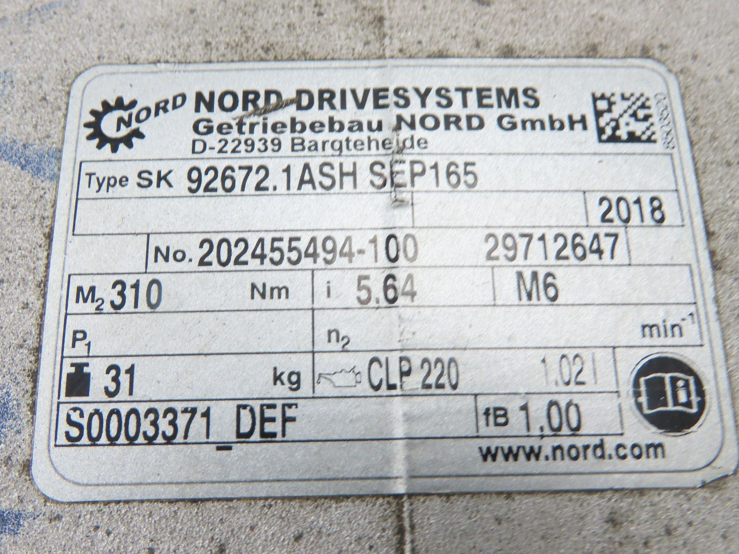 Nord SK92672.1ASH SEP165 Helical Reducer 5.64:1 Gearbox 310 RPM Hollow Shaft