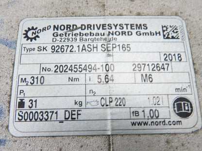 Nord SK92672.1ASH SEP165 Helical Reducer 5.64:1 Gearbox 310 RPM Hollow Shaft